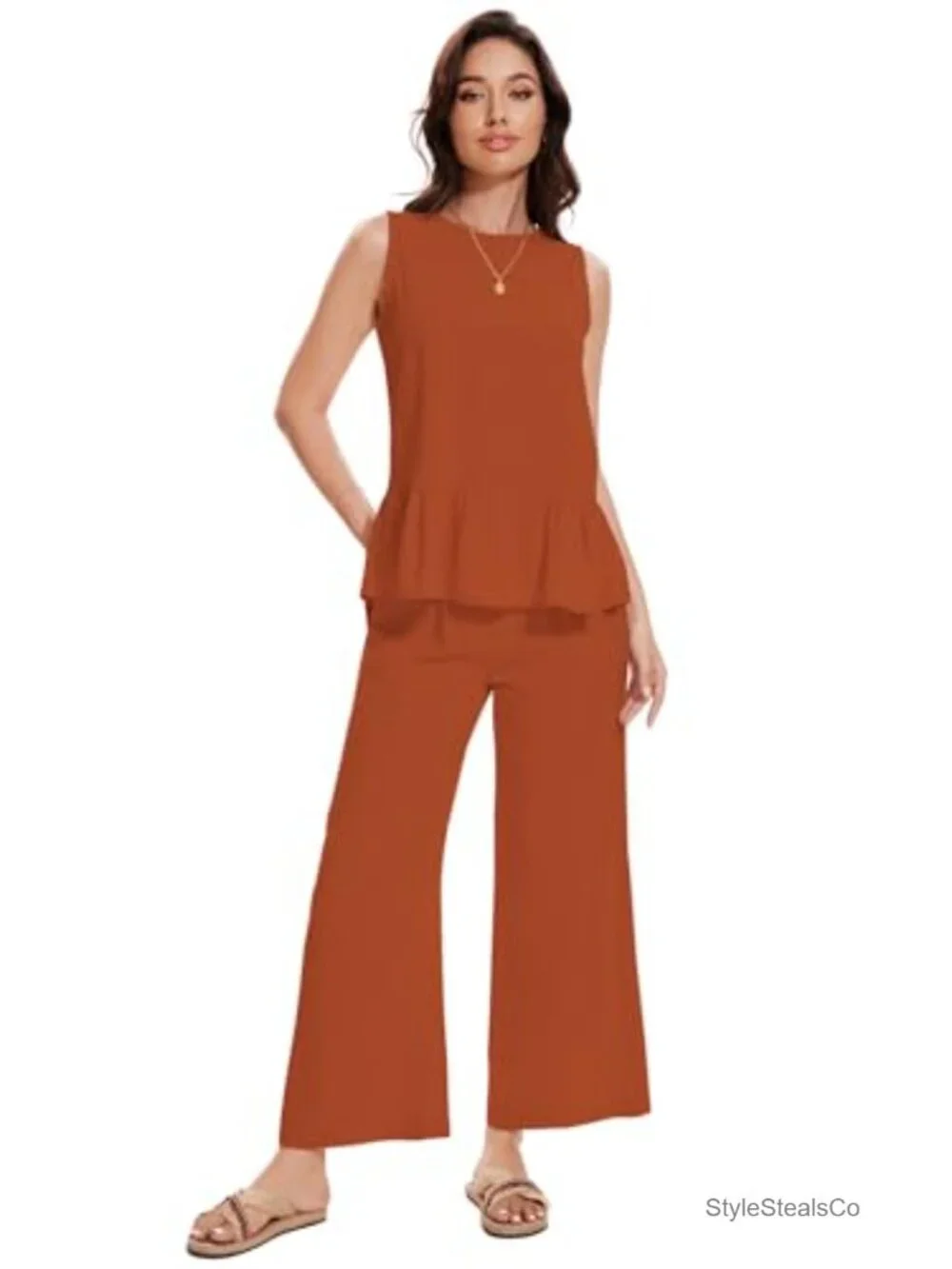 Linen Jumpsuit 2 Piece Outfit Sleeveless Wide Leg Pants Matching Set